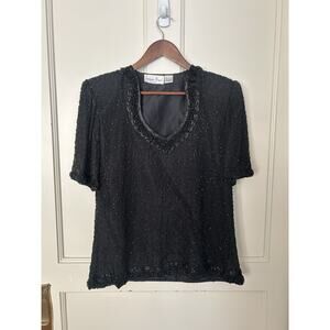 Laurence Kazar Silk Heavily Beaded Blouse Womens Size Large Black Party Event